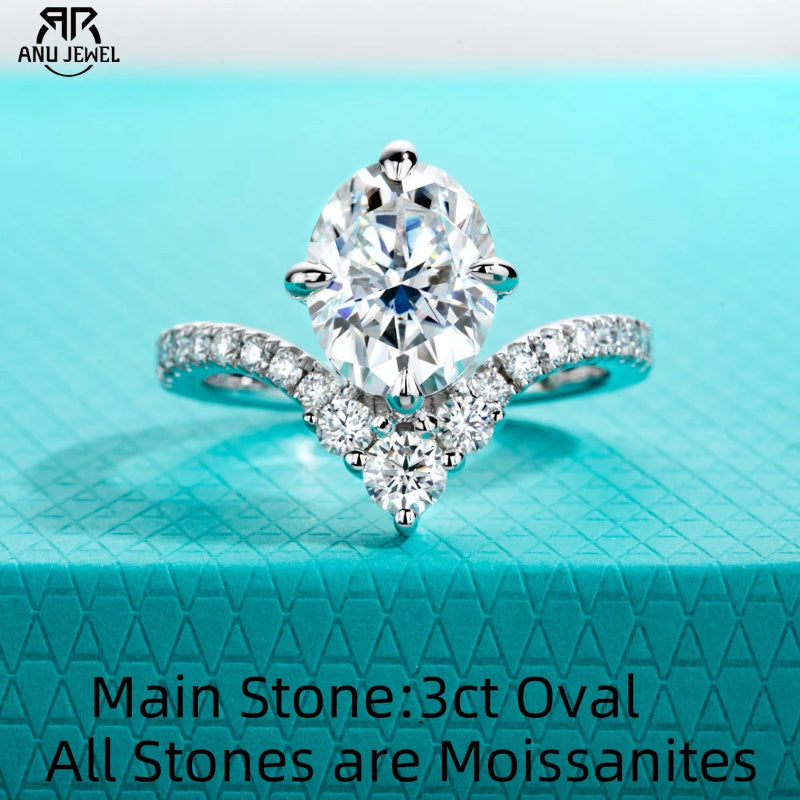 AnuJewel Anel de Noivado Oval 3ct Moissanite D Color em Prata 925 – Design V Elegante