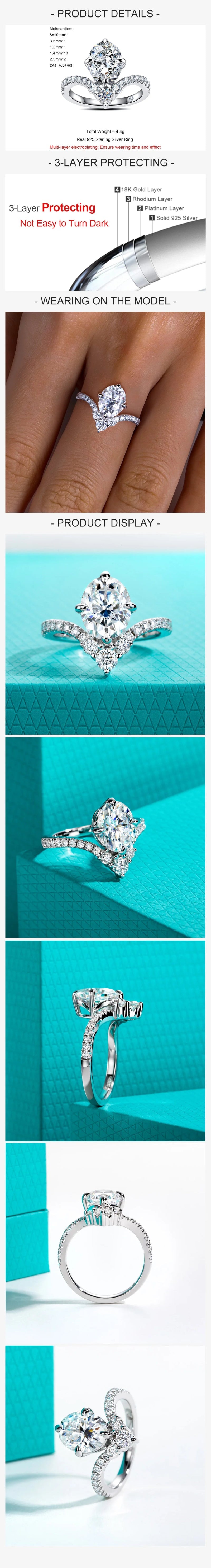 AnuJewel Anel de Noivado Oval 3ct Moissanite D Color em Prata 925 – Design V Elegante