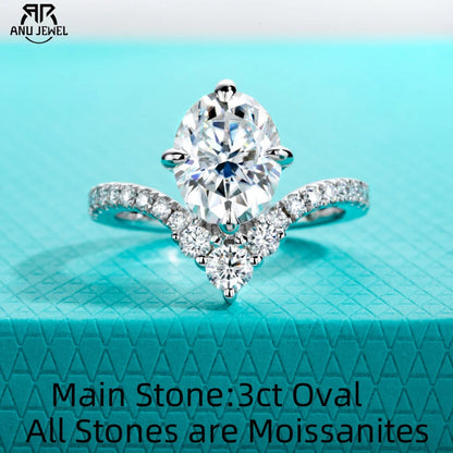 AnuJewel Anel de Noivado Oval 3ct Moissanite D Color em Prata 925 – Design V Elegante