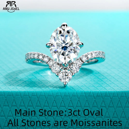 AnuJewel Anel de Noivado Oval 3ct Moissanite D Color em Prata 925 – Design V Elegante