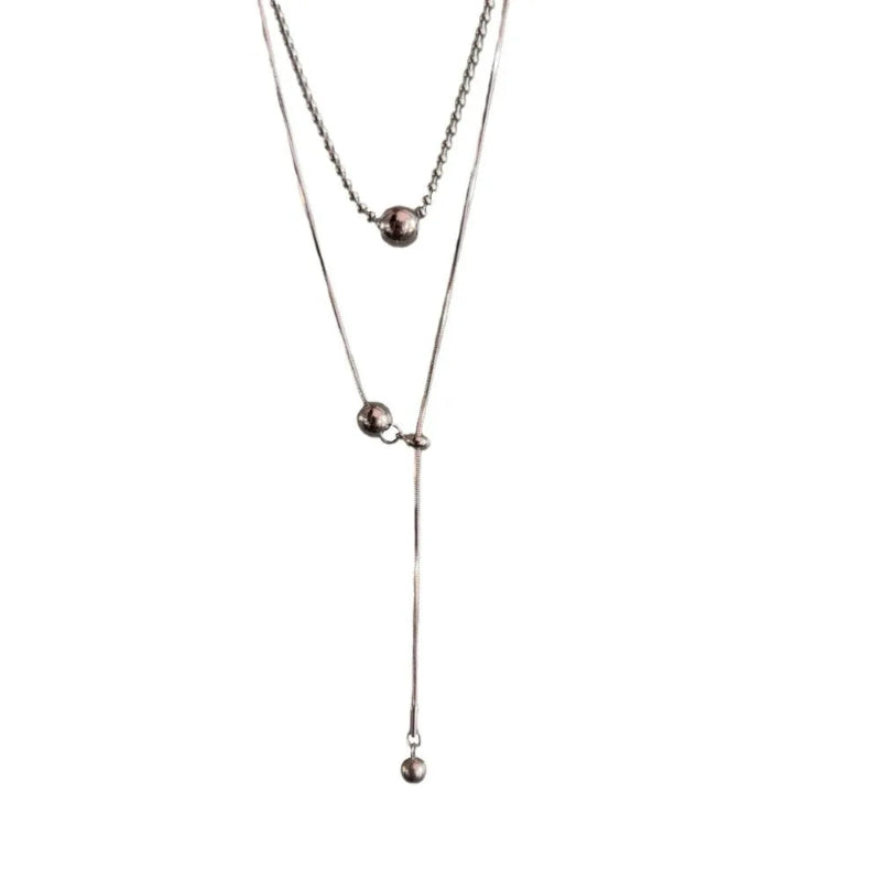 Silver Stainless Steel Double-Layer Beaded Pendant Necklace – Chic Rock Style for Women