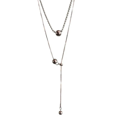 Silver Stainless Steel Double-Layer Beaded Pendant Necklace – Chic Rock Style for Women