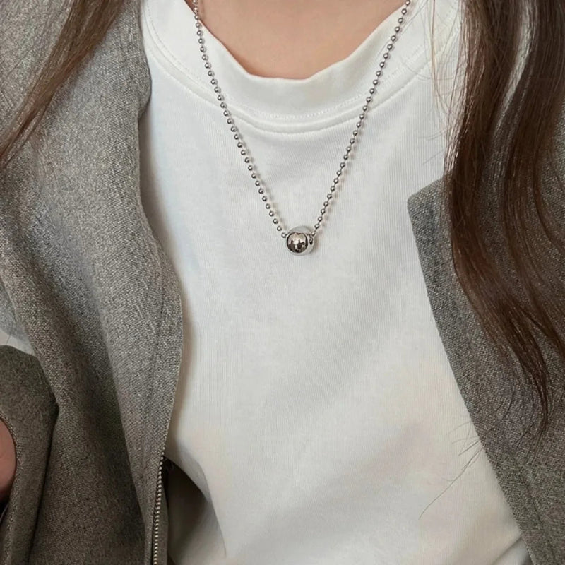 Silver Stainless Steel Double-Layer Beaded Pendant Necklace – Chic Rock Style for Women