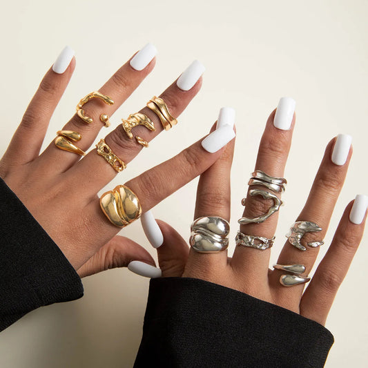Set of 6 vintage geometric open rings in gold/silver, unisex.