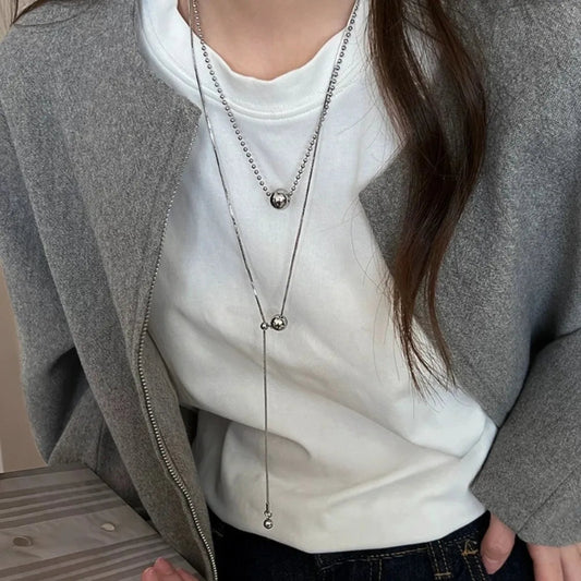 Silver Stainless Steel Double-Layer Beaded Pendant Necklace – Chic Rock Style for Women