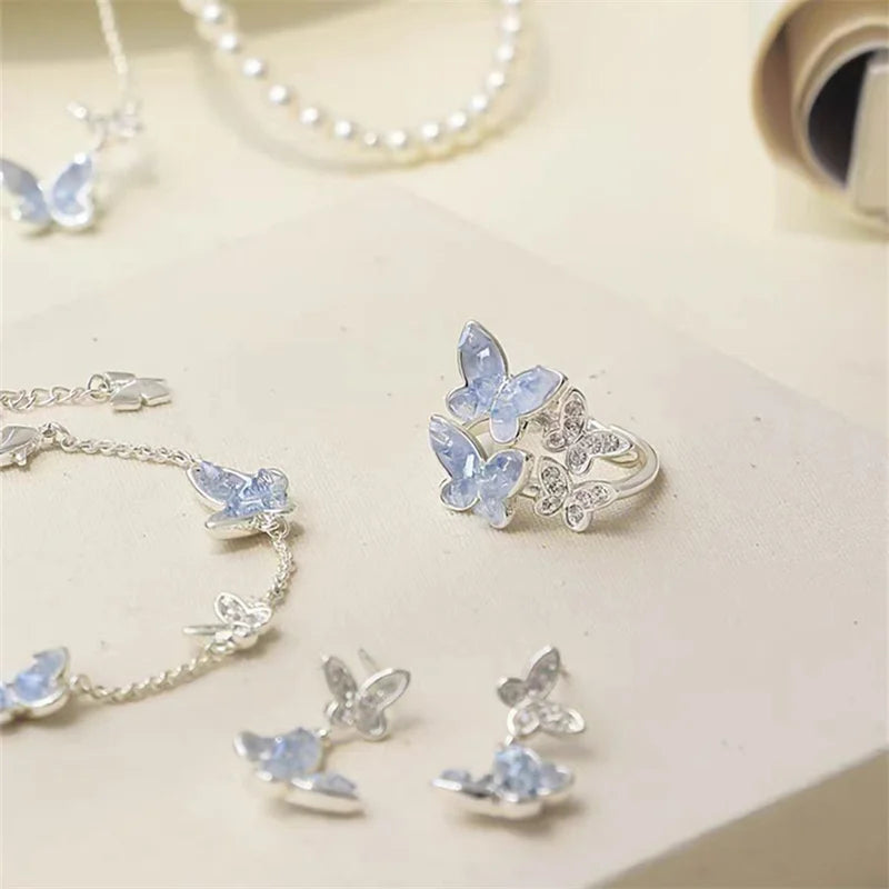 Silver butterfly set for women with crystals.