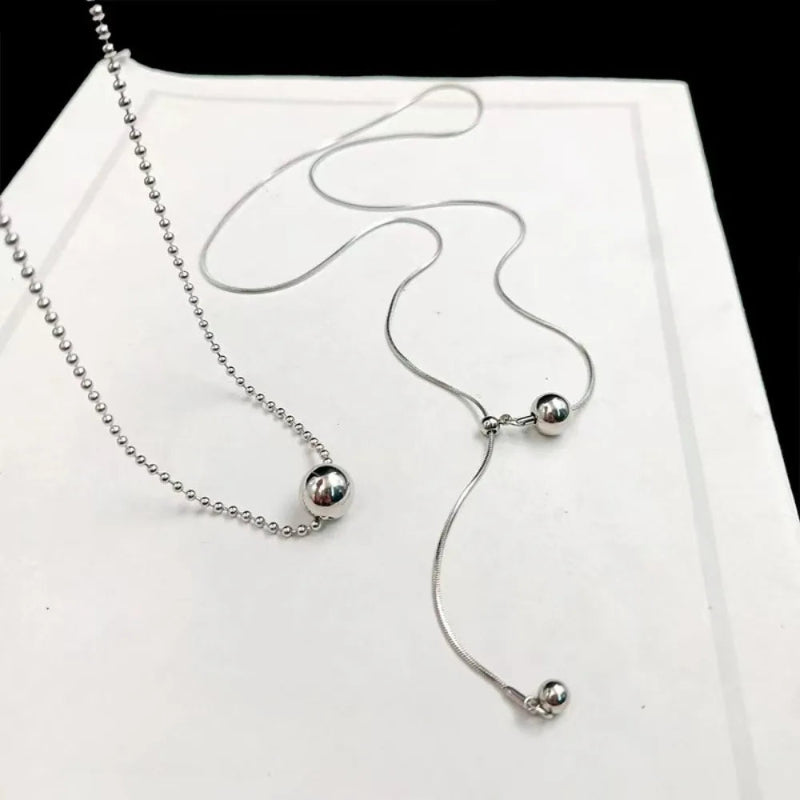 Silver Stainless Steel Double-Layer Beaded Pendant Necklace – Chic Rock Style for Women