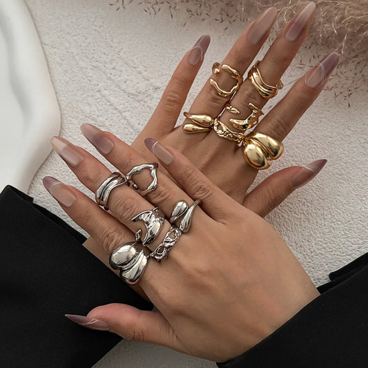 Set of 6 vintage geometric open rings in gold/silver, unisex.