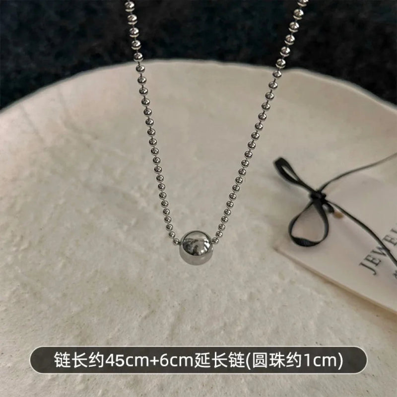 Silver Stainless Steel Double-Layer Beaded Pendant Necklace – Chic Rock Style for Women