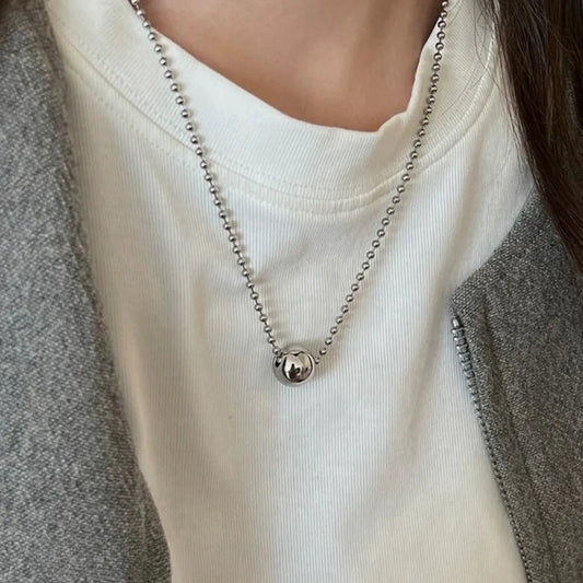 Silver Stainless Steel Double-Layer Beaded Pendant Necklace – Chic Rock Style for Women
