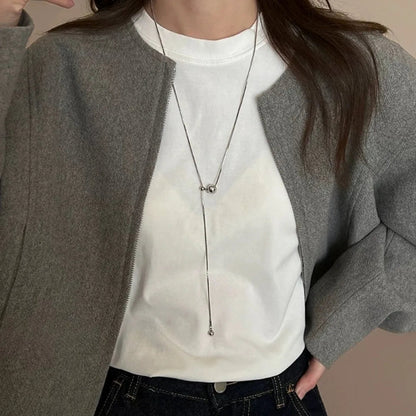 Silver Stainless Steel Double-Layer Beaded Pendant Necklace – Chic Rock Style for Women
